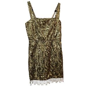 Gold sequined and beaded fringe women’s cocktail dress size XS-S